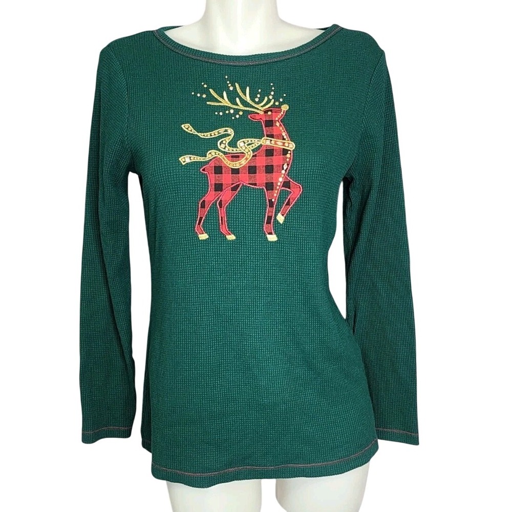 Quacker Factory Waffle Knit Top Green Plaid Reindeer Rhinestone XS Holiday Tee